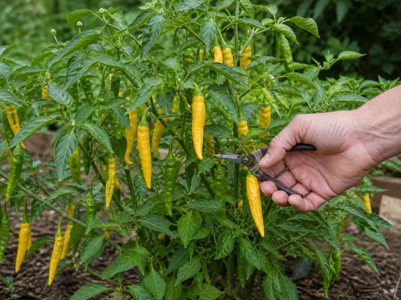 Green and ripe yellow Aji Pineapple peppers on a plant as one ripe pod is cut by the stem