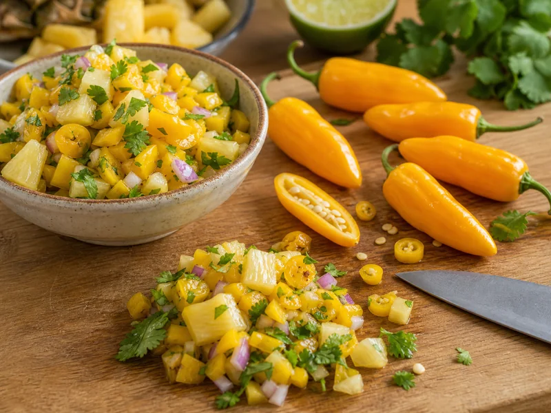 Yellow Aji Pineapple peppers chopped into a fresh pineapple salsa