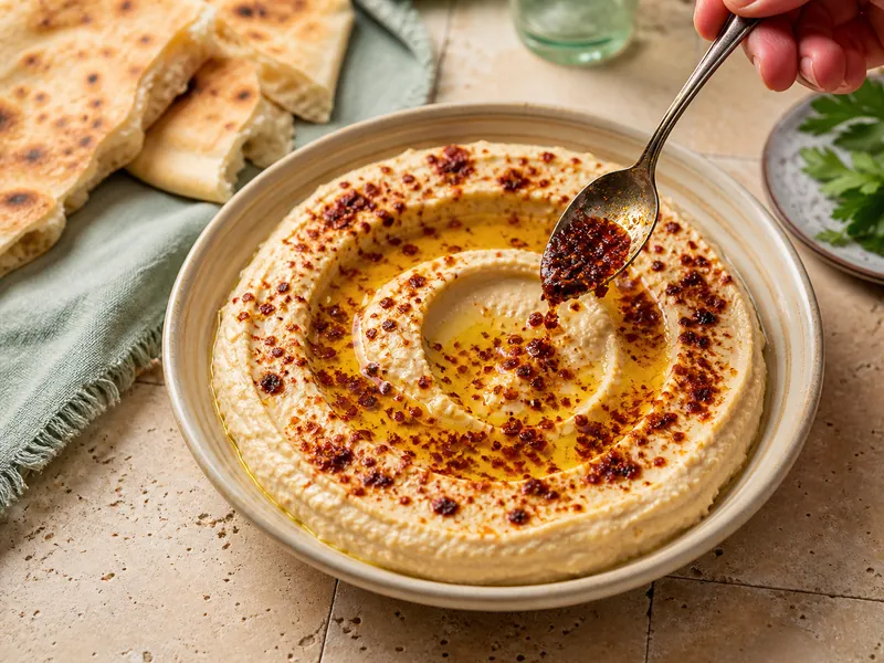 Aleppo pepper flakes bloomed in olive oil over hummus with flatbread
