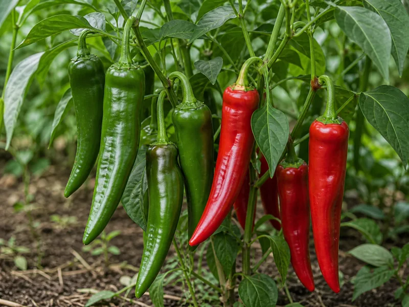 Green and red ripe Anaheim peppers hanging on the same plant