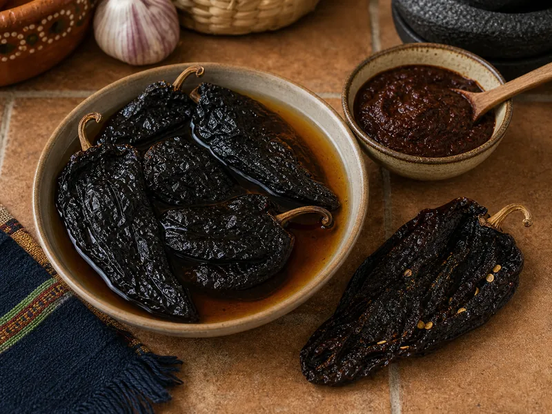 Dried ancho chiles rehydrating beside dark ancho chile paste