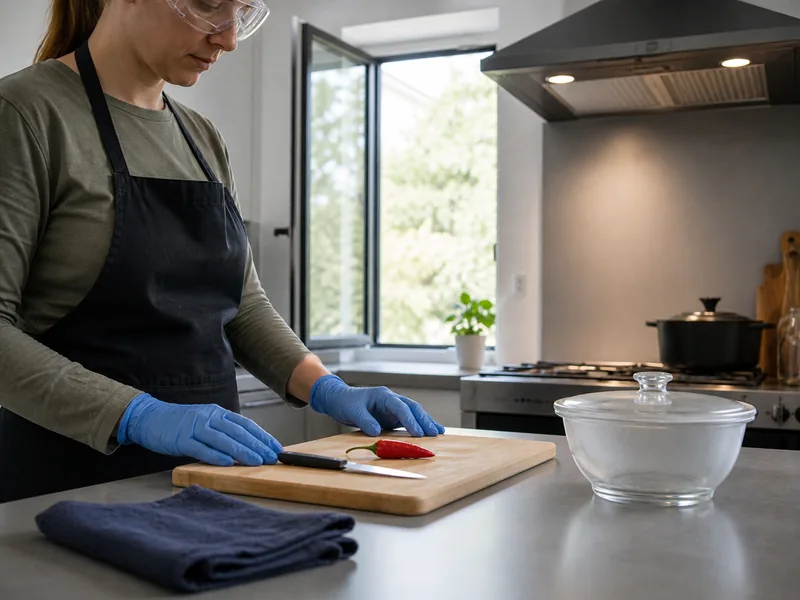 Cook wearing gloves and eye protection preparing a hot pepper under ventilation