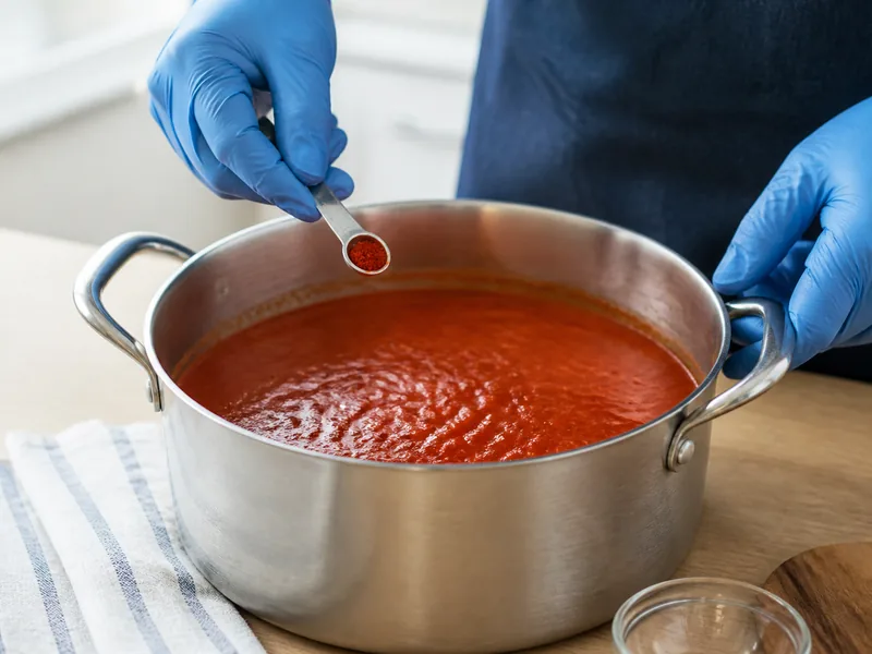 Gloved hands measuring a small spoon of hot pepper powder over a large pot of sauce