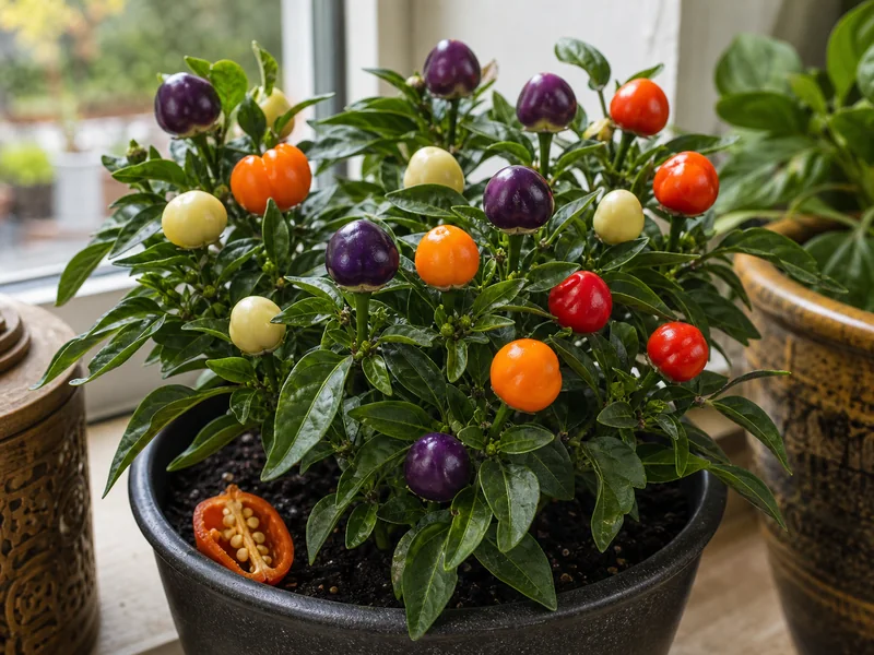Aurora pepper plant with small round multicolor pods in a windowsill pot
