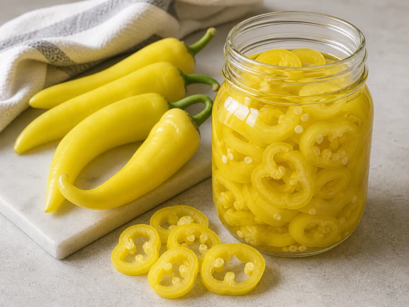 Pickled banana pepper rings in a glass jar beside whole yellow curved pods