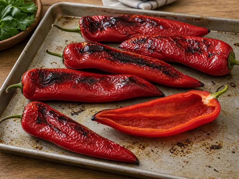 Roasted Beaver Dam peppers with broad mild walls visible