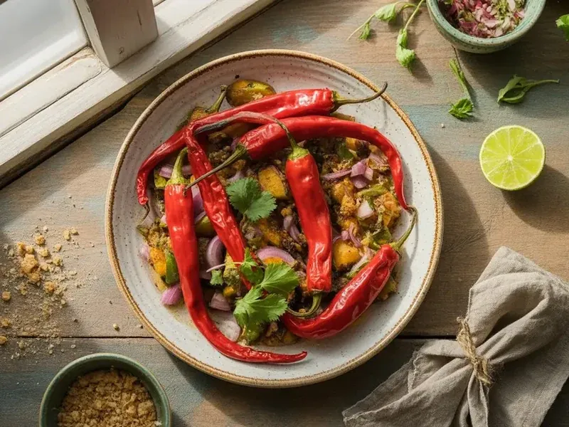 Red Bedfordshire Super Naga peppers in a harvest basket beside a pepper plant