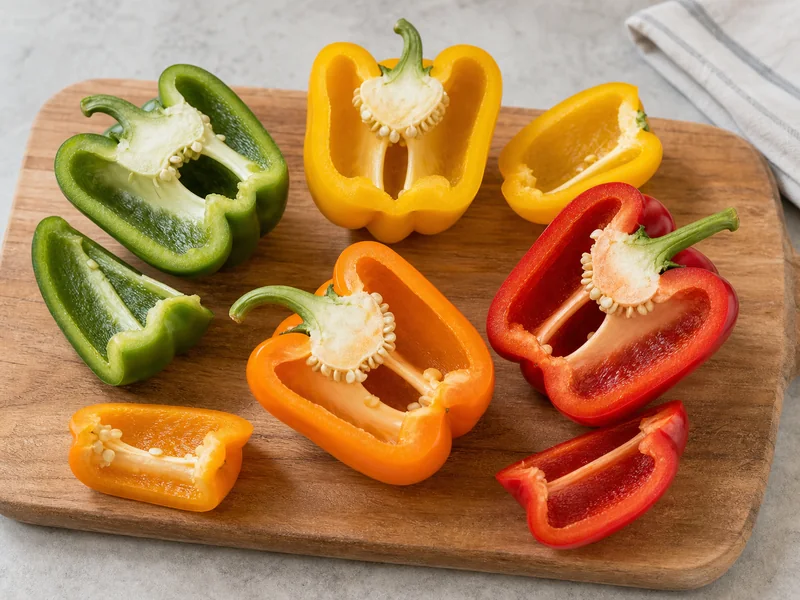 Green, yellow, orange, and red bell pepper halves showing thick walls, white ribs, seeds, and hollow centers