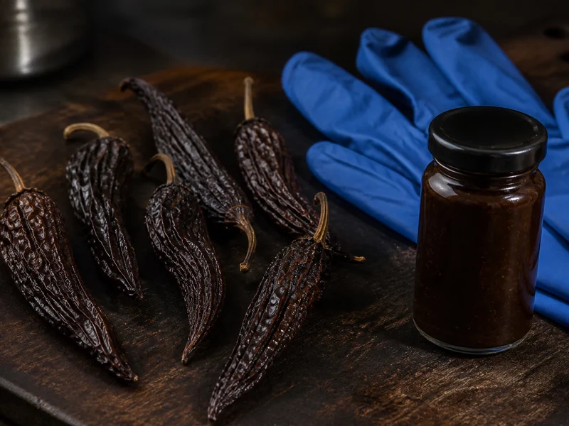 Chocolate-brown wrinkled ghost-type pods on a board with nitrile gloves and a small jar of dark sauce