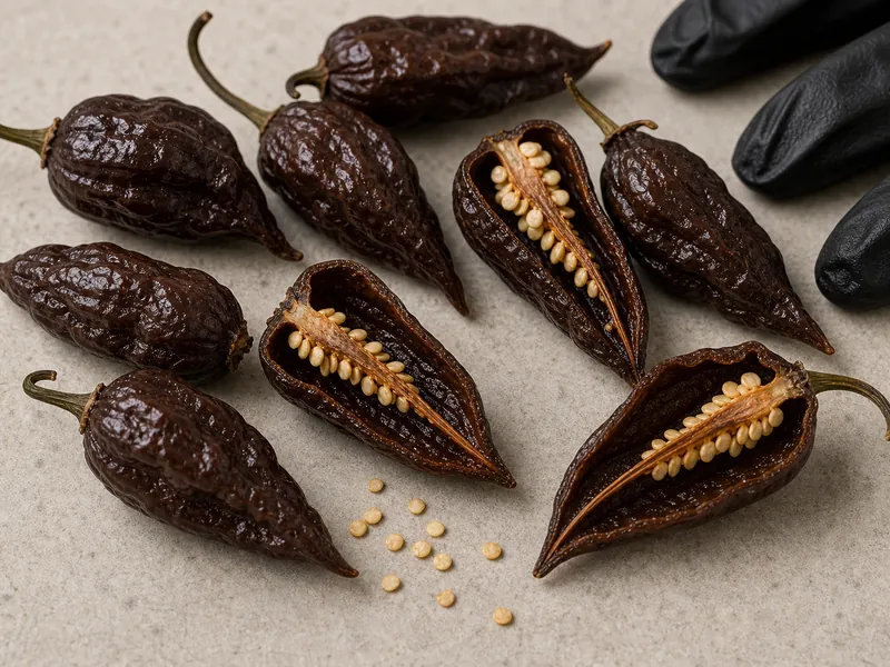 Cut Chocolate Bhut Jolokia peppers showing pale placenta and seeds