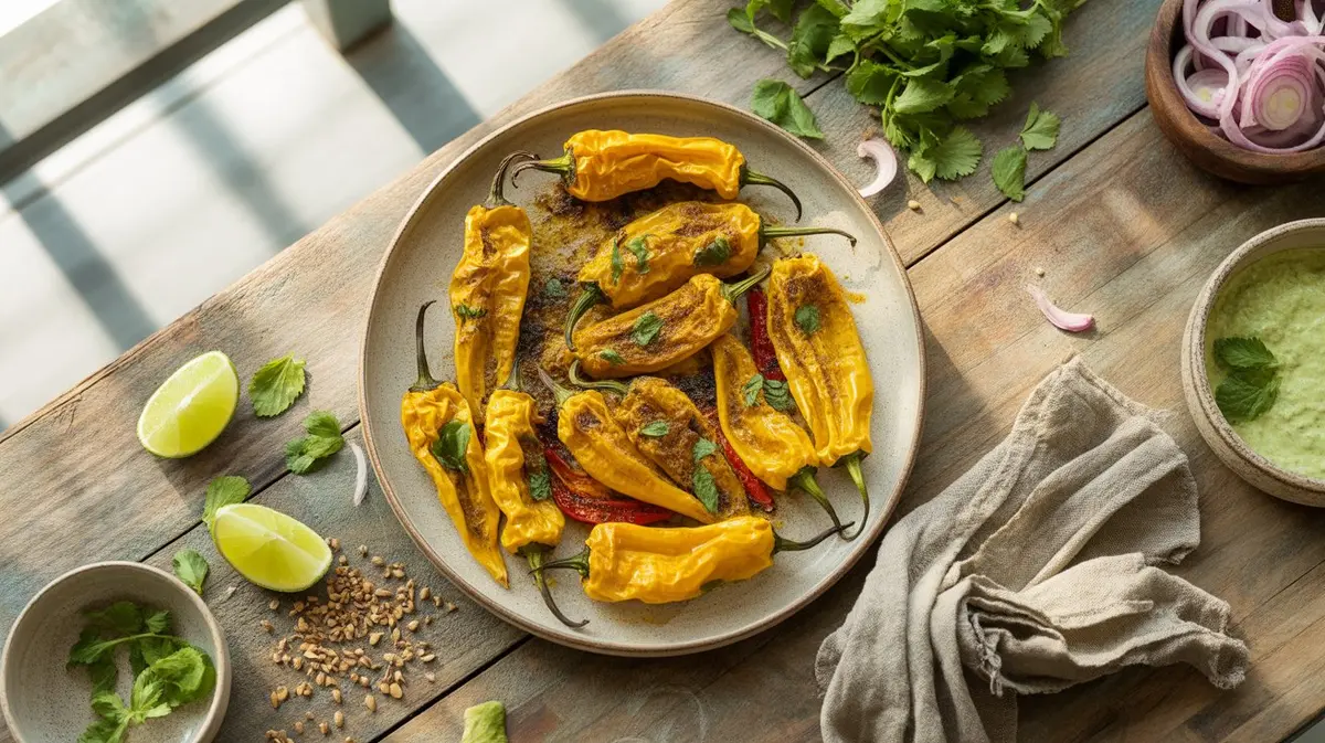 Fresh Bhut Jolokia Yellow peppers showing color, shape and texture