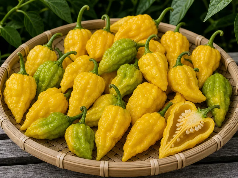 Yellow wrinkled Bhut Jolokia Yellow peppers with one sliced pod