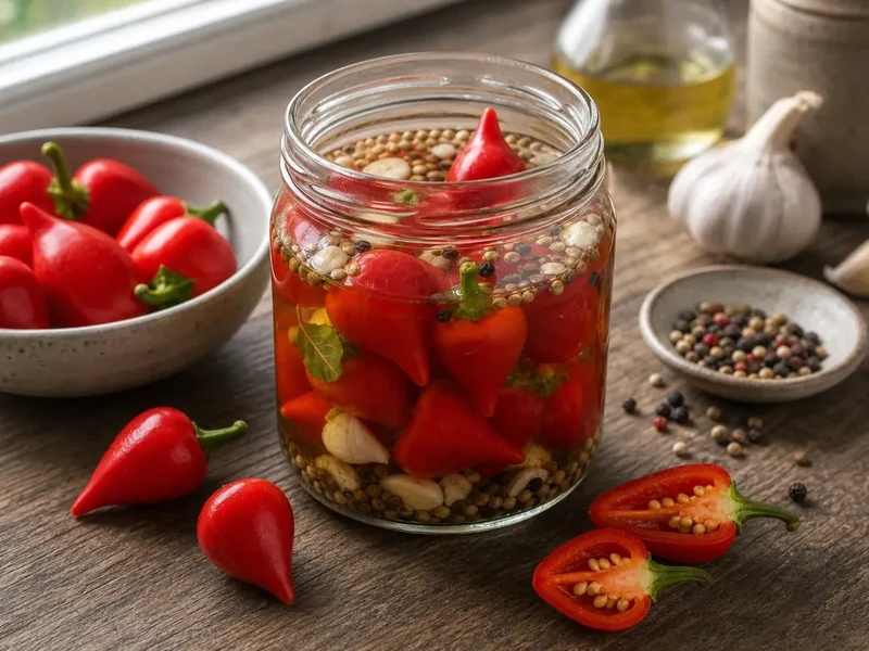 Fresh and pickled biquinho peppers in red, salmon, and yellow on a wooden board beside a glass jar