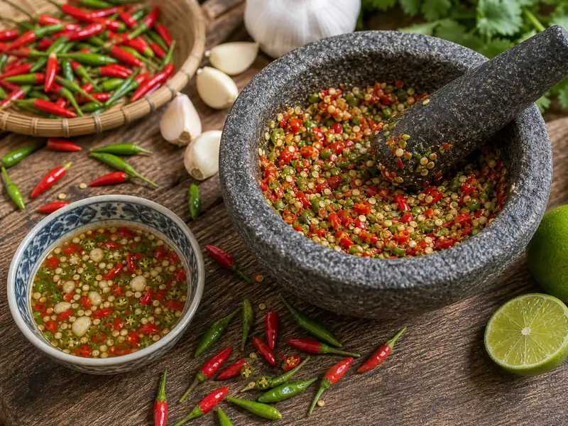 Bird's Eye chilies crushed for Southeast Asian sauce