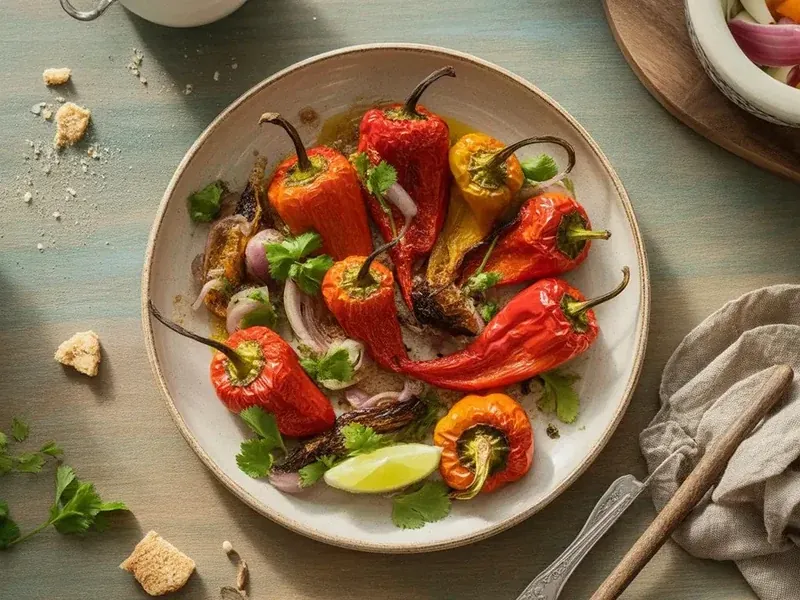 Red Bishop's Crown peppers with a sliced pod and green pepper leaves on neutral stone