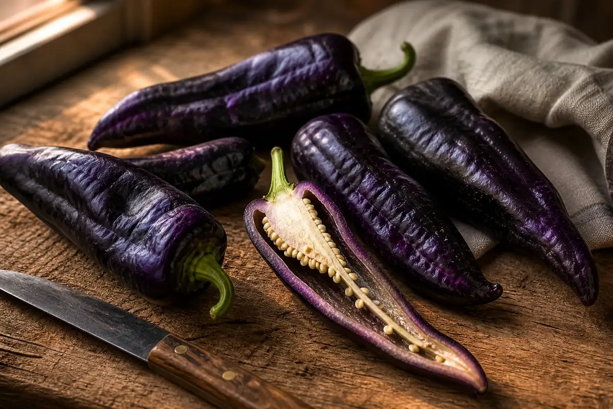 Whole dark purple Black Hungarian peppers with one pod cut lengthwise