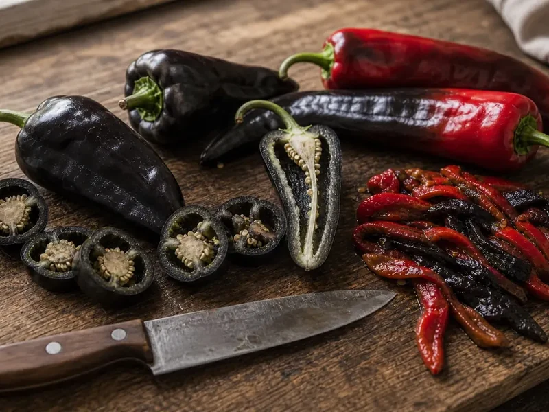 Black and red Black Hungarian peppers sliced and roasted on a wooden board