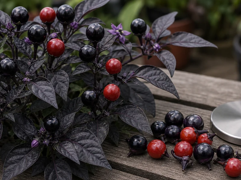 Glossy black-purple Black Pearl peppers on dark foliage with red ripe pods