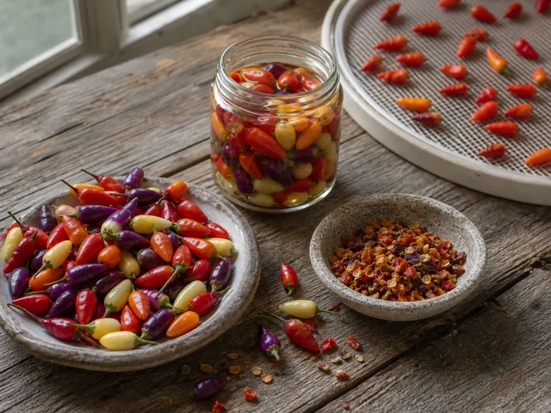 Fresh, drying, pickled, and flaked Bolivian Rainbow peppers in purple, yellow, orange, and red