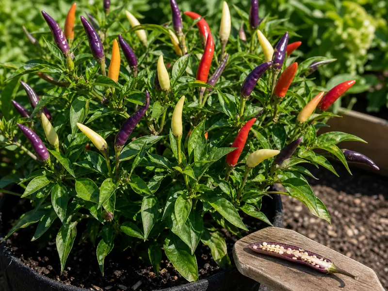 Buena Mulata plant with purple and red pods plus one sliced pepper