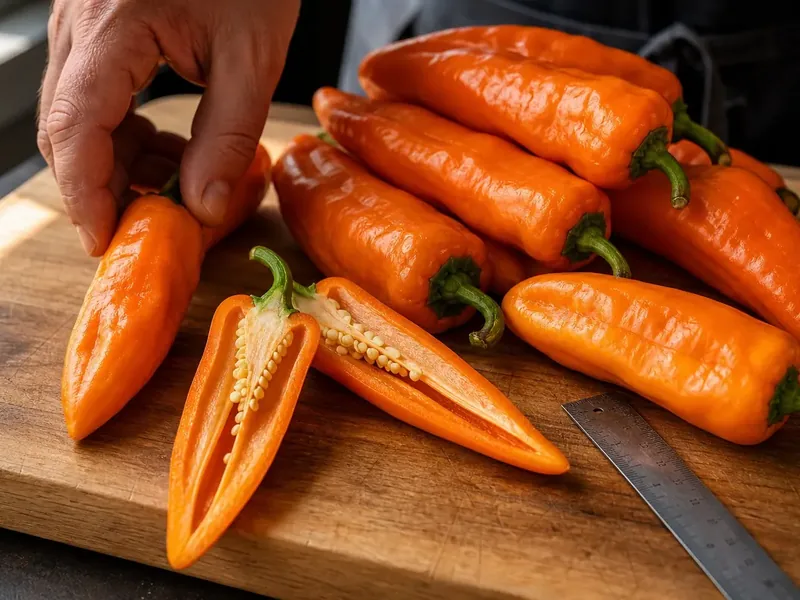 Whole and halved orange Bulgarian Carrot peppers beside a ruler