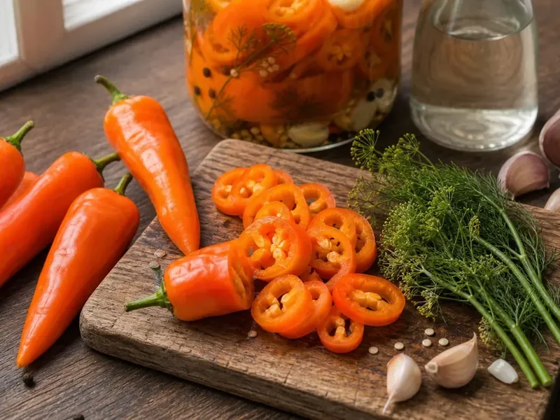 Sliced Bulgarian Carrot peppers beside a jar of orange pepper pickles