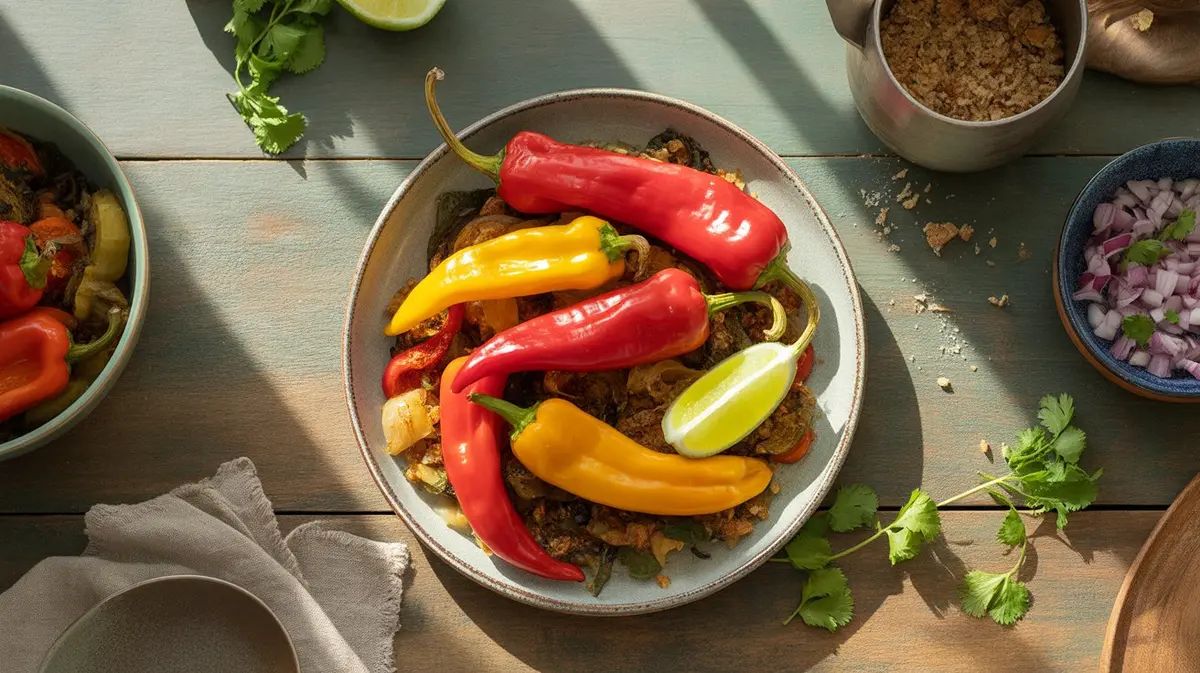 Fresh Bullhorn Pepper peppers showing color, shape and texture