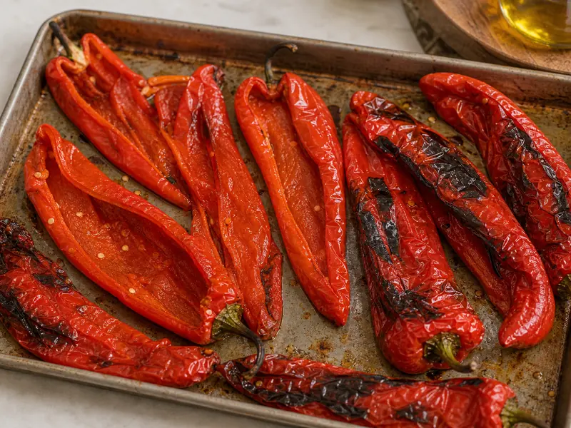 Roasted red bullhorn peppers peeled open on a tray