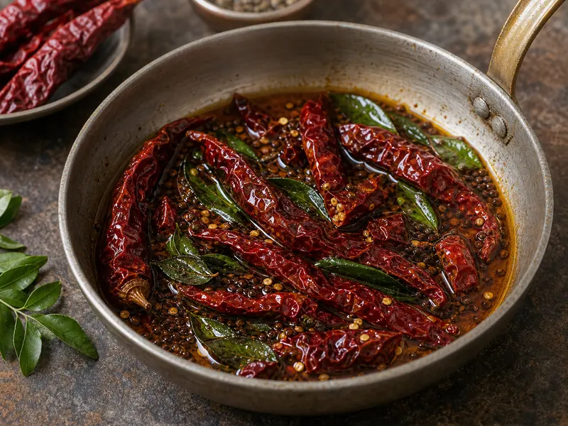 Dried Byadgi chilies warming in red chile oil with curry leaves