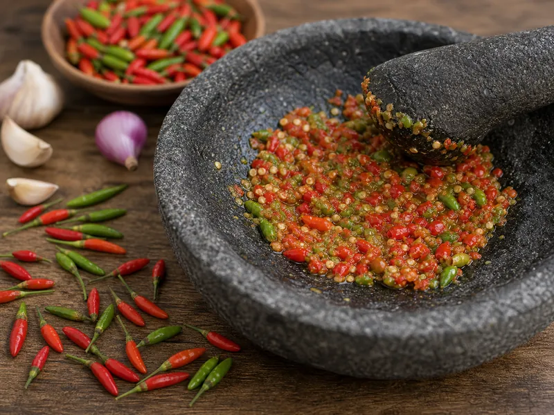 Cabe Rawit chilies crushed in a stone mortar for sambal