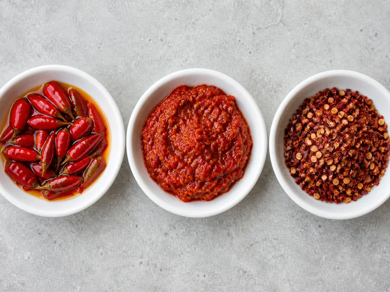 Calabrian chili in three retail forms: whole pods packed in oil, red chili paste, and dried flakes