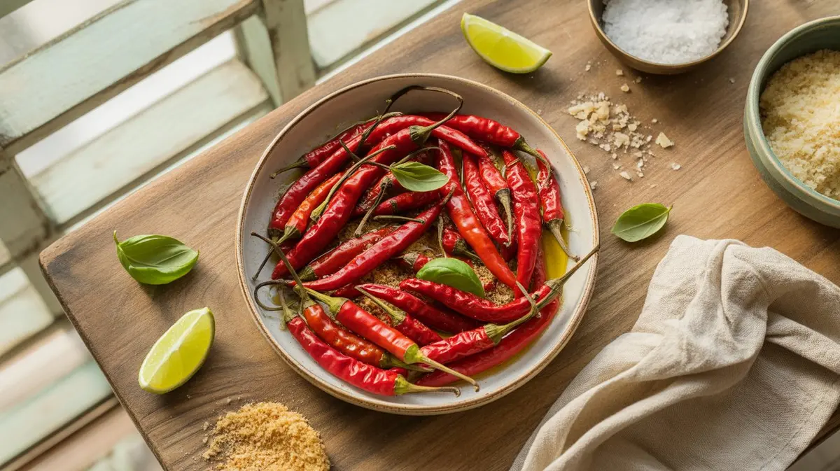 Fresh Calabrian Chili peppers showing color, shape and texture