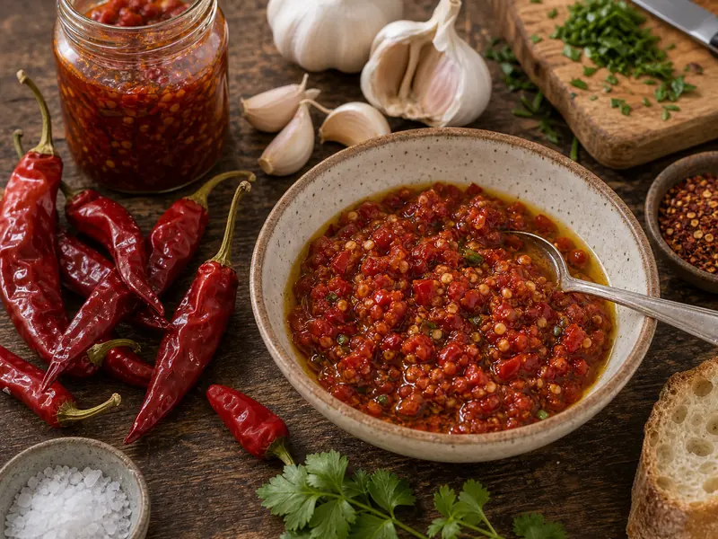Calabrian chilies chopped into Italian chile paste
