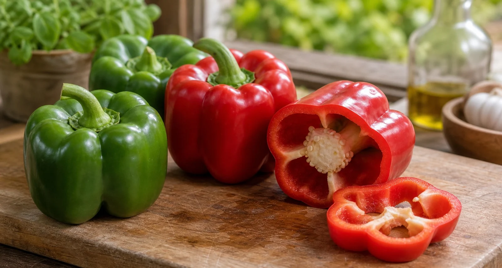 California Wonder bell peppers whole and sliced on a wooden board showing thick walls and a roomy cavity