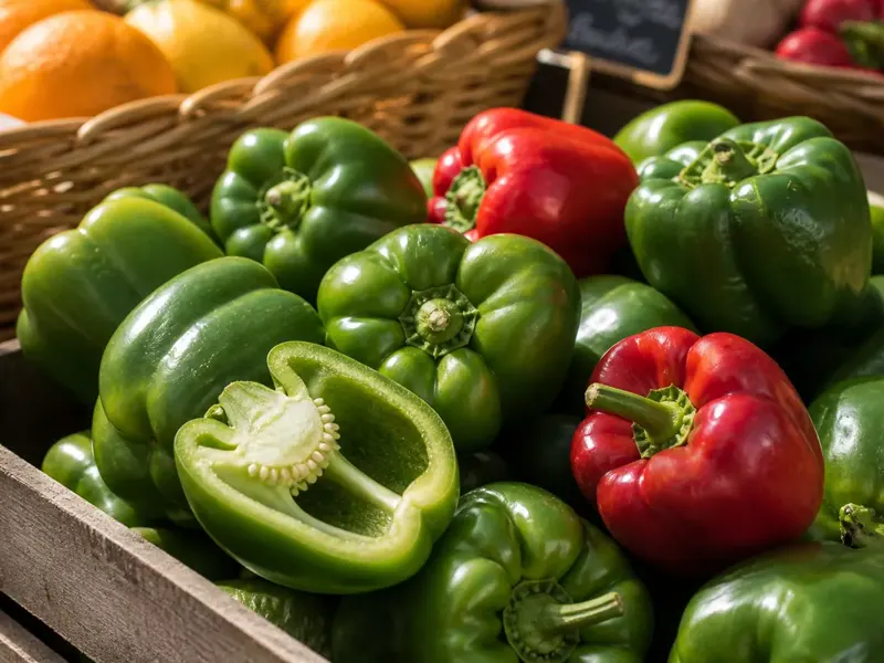 Red and green bell peppers arranged in wooden market crates
