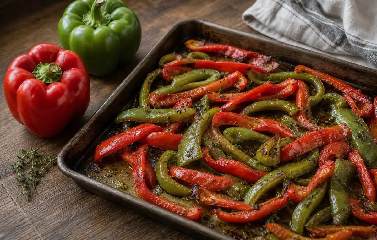 Roasted California Wonder pepper strips on a baking tray beside whole red and green bells