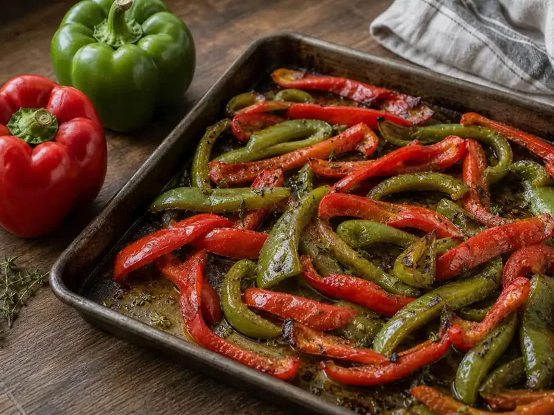 Roasted red and green California Wonder pepper strips on a baking tray
