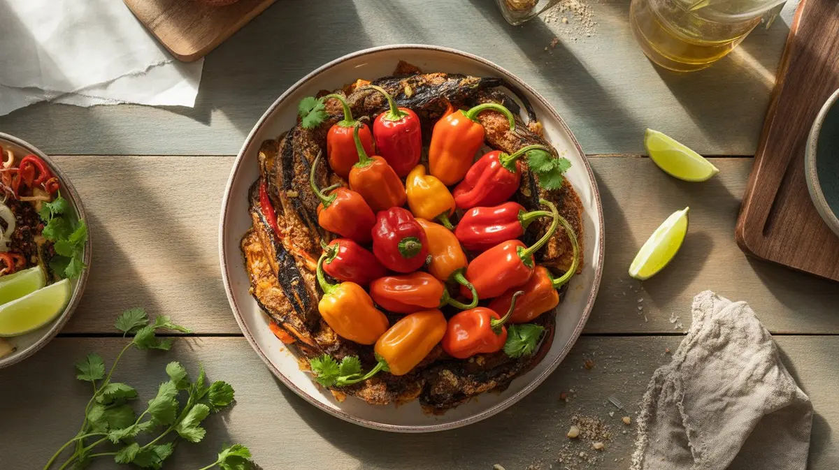 Fresh Caribbean Red Habanero peppers showing color, shape and texture