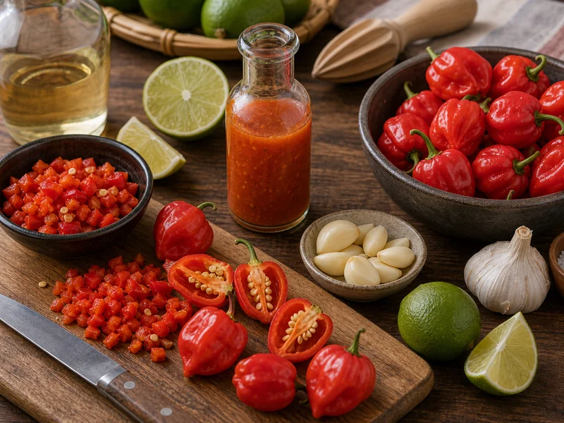 Caribbean red habaneros prepared with lime and vinegar for hot sauce