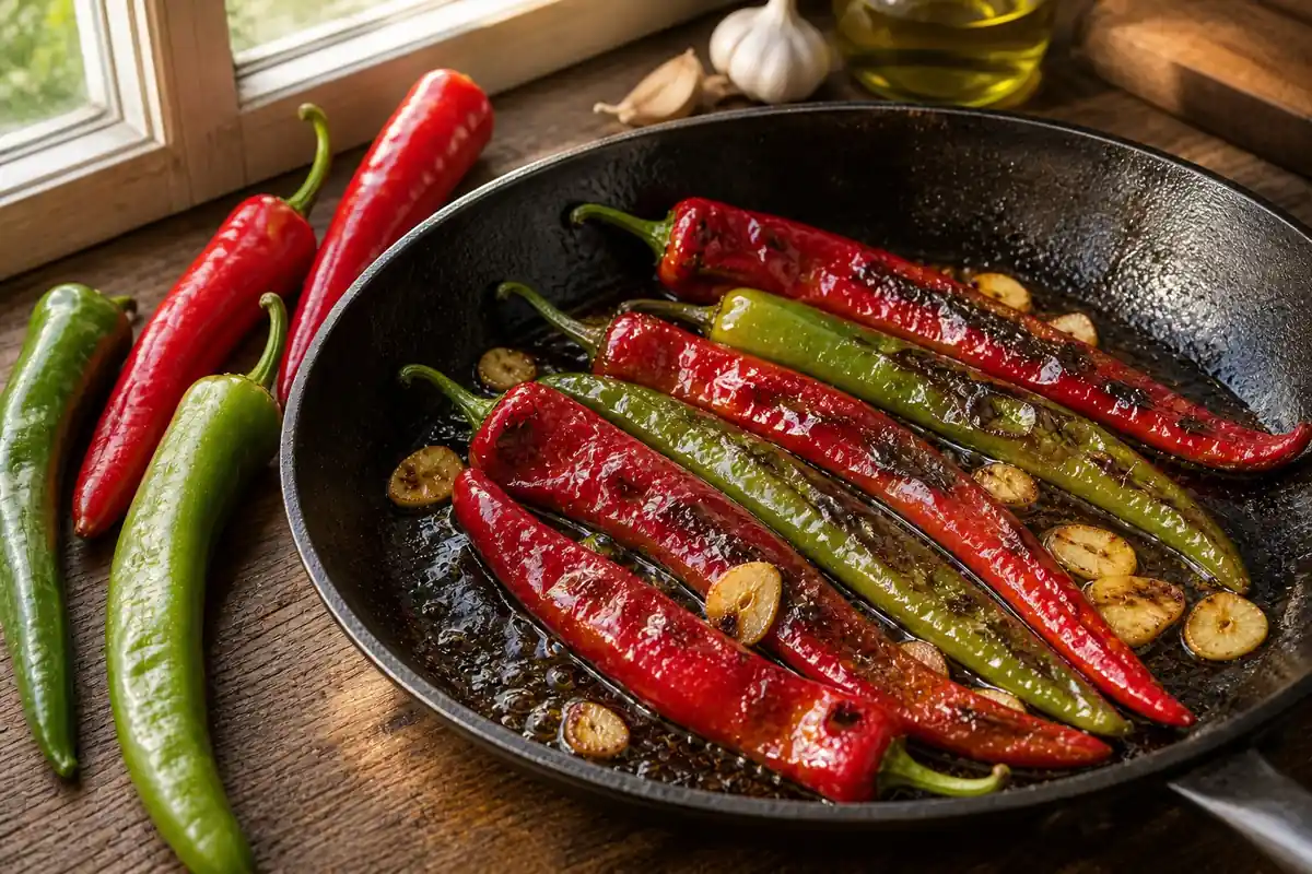 Carmen peppers blistering with garlic in a skillet beside fresh red and green pods