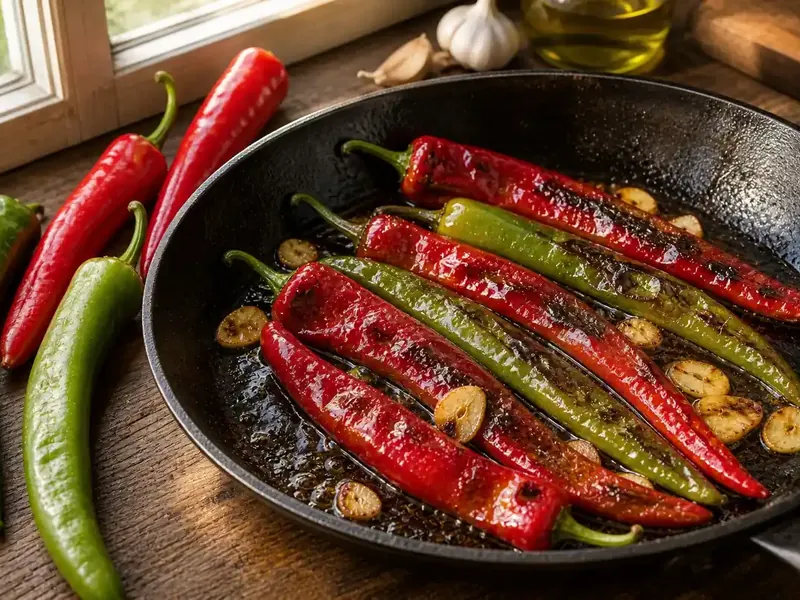 Carmen peppers blistering with garlic in a skillet beside fresh red and green pods