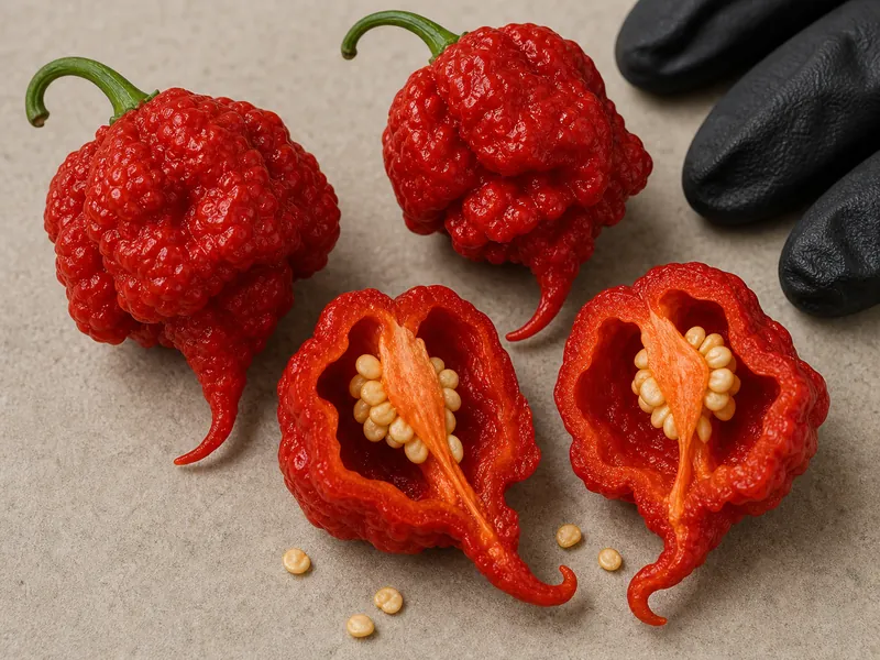 Gloved hands handling a cut Carolina Reaper pod with pale placental tissue exposed