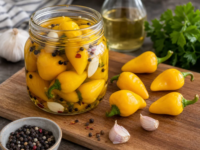 Yellow Cascabella peppers in a glass pickling jar beside fresh tapered pods