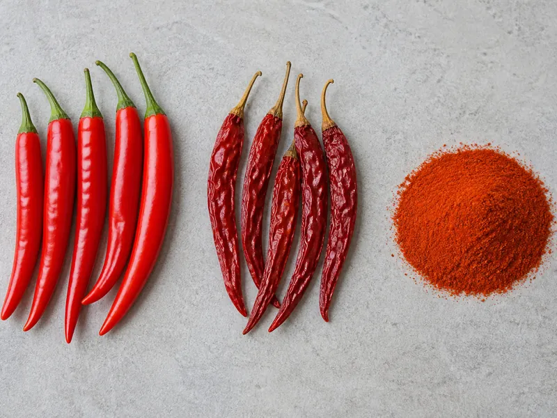 Fresh red cayenne pods, whole dried cayenne chiles, and ground cayenne powder side by side