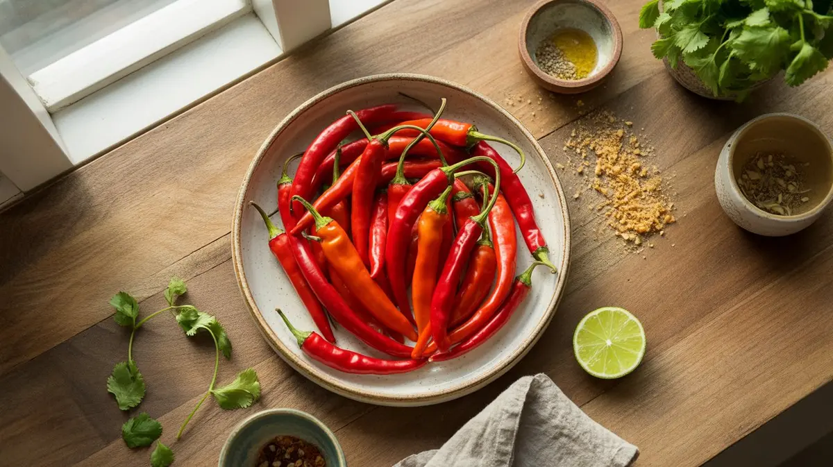 Fresh Cayenne Pepper peppers showing color, shape and texture