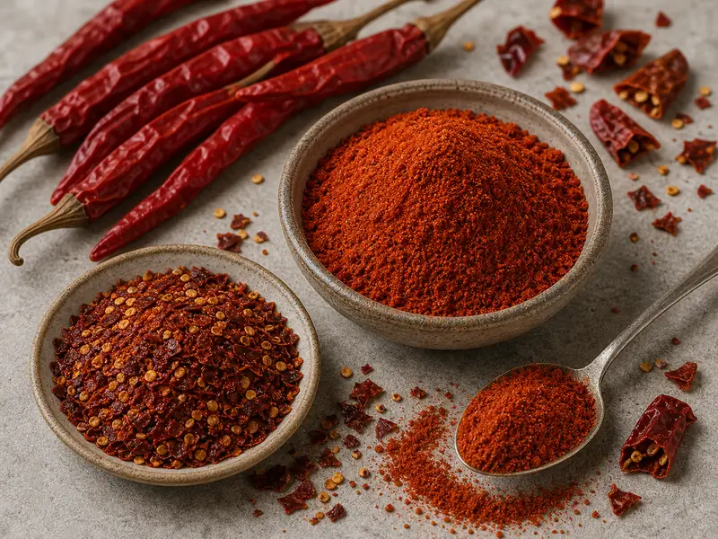 Whole dried cayenne peppers beside fine red cayenne powder and coarse flakes