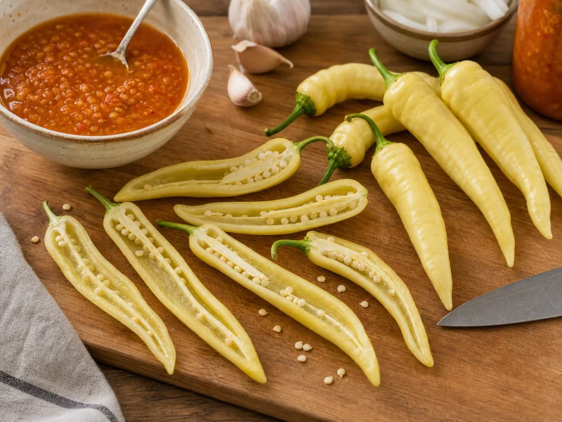 Charleston Hot peppers split and seeded for hot sauce