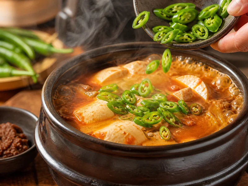 Sliced green cheongyang peppers being added to a bubbling earthenware pot of soft tofu stew, with doenjang beside