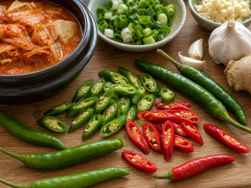 Sliced Cheongyang peppers for Korean cooking