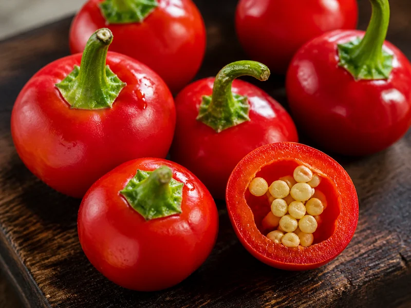 Round red cherry bomb peppers whole and one halved showing the thick wall and hollow centre